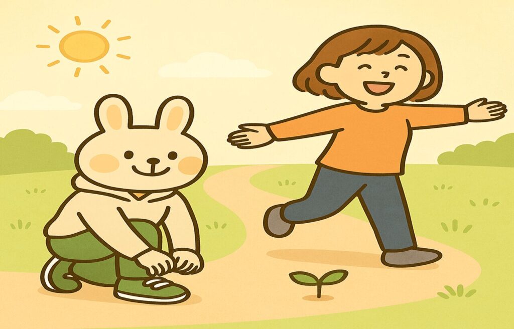 朝の光の中、公園を一緒に散歩するみどりん（うさぎの薬剤師）とすずちゃん（オレンジの服の女の子）。笑顔で会話しながら歩く2人が、明るい未来へ一歩踏み出す様子をやさしいタッチで描いたイラスト。